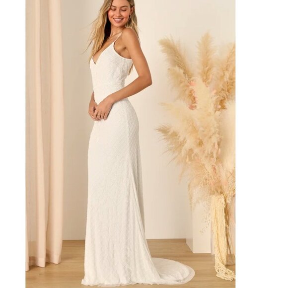 Cherished Vow White Beaded Backless Mermaid Maxi Dress Lulus Size Large - Picture 4 of 13